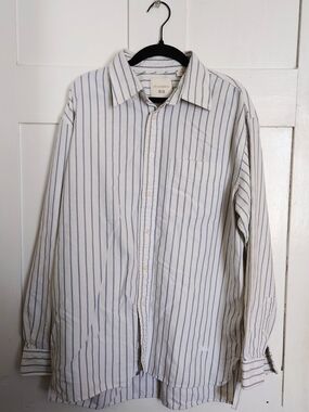 Uniqlo JW Anderson Men's White and Blue Stripe Button-Up Shirt